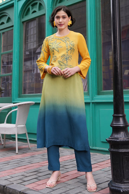 Aari Palms Ombre' Kurta Set - LAGOON