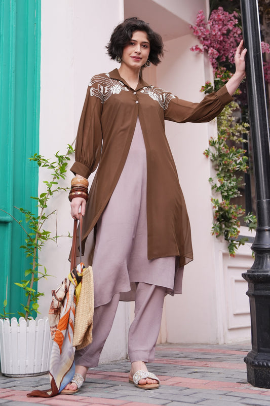 Bloom Asymmetric Double Layer Kurta Set - OLIVE