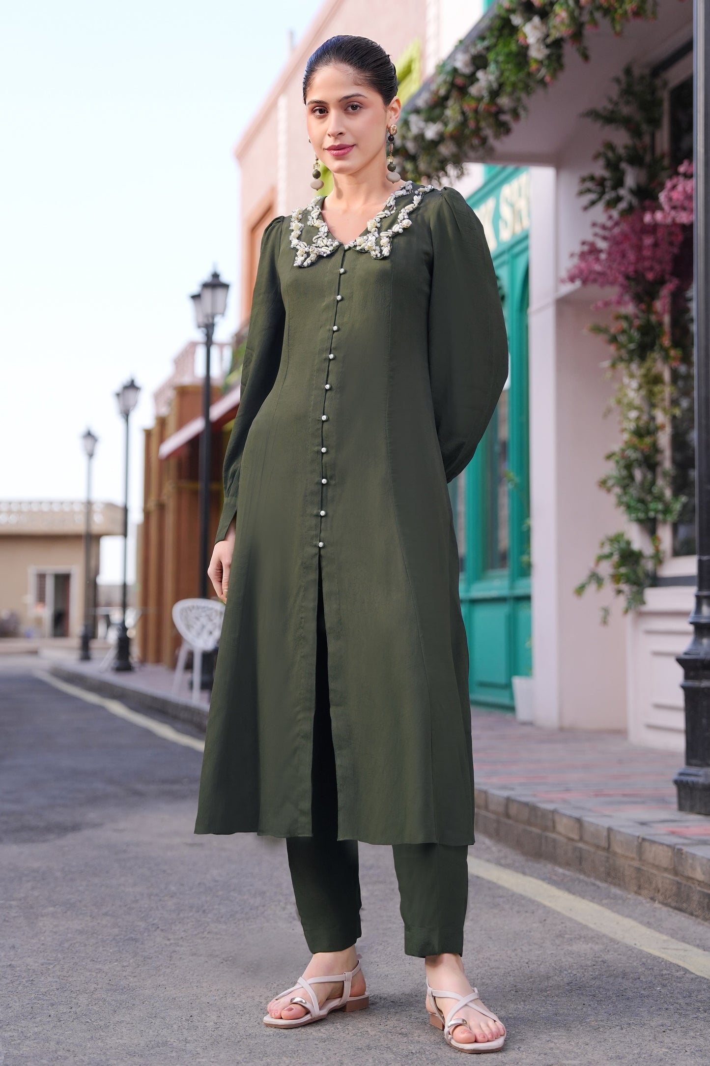 Sea Shells Kalidar Kurta Set - OLIVE