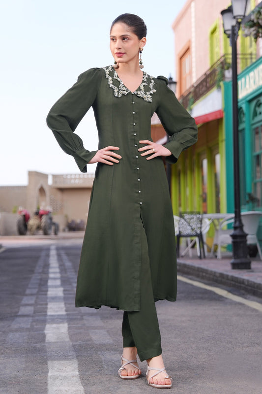 Sea Shells Kalidar Kurta Set - OLIVE