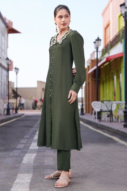 Sea Shells Kalidar Kurta Set - OLIVE