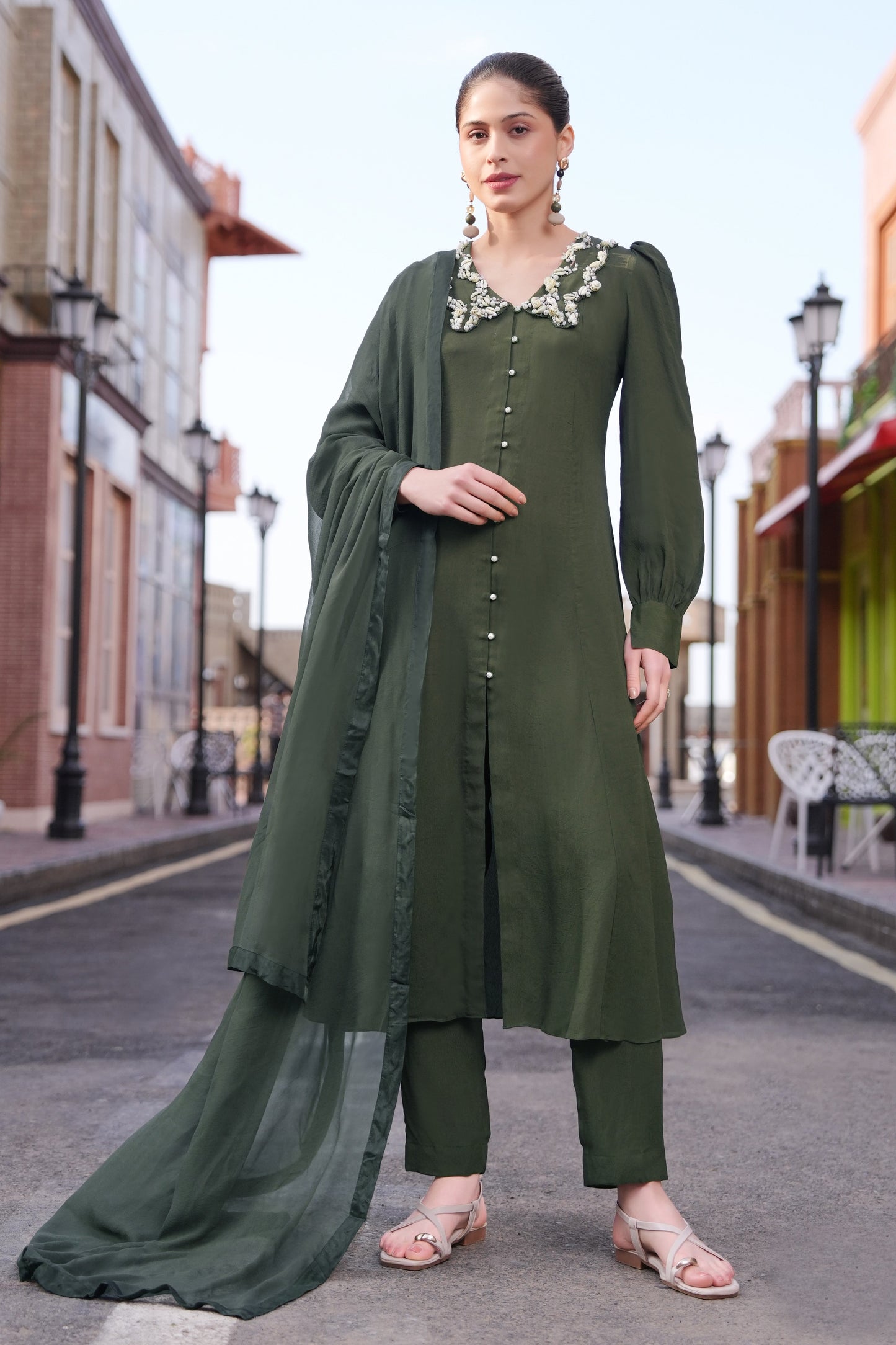 Sea Shells Kalidar Kurta Set - OLIVE