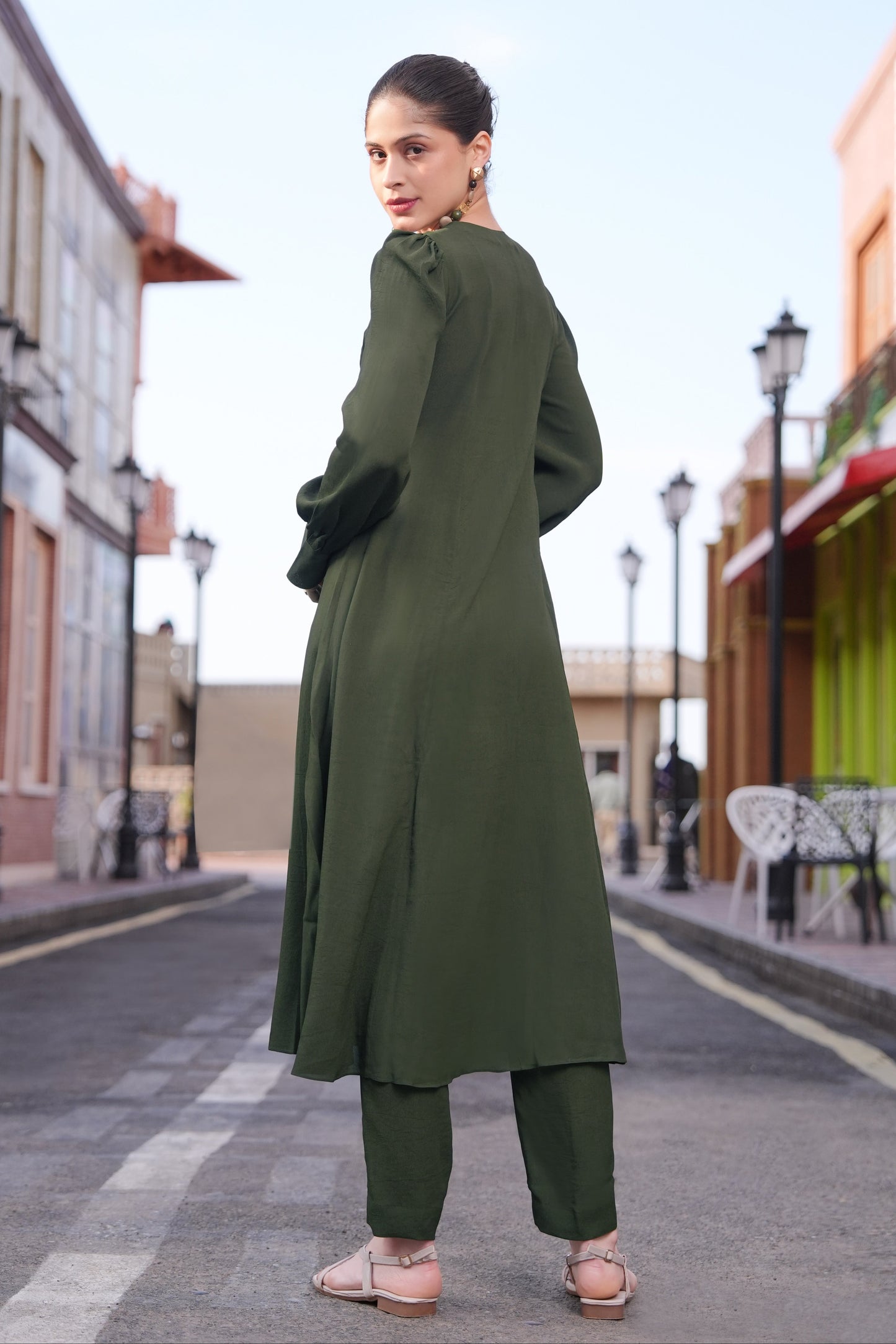 Sea Shells Kalidar Kurta Set - OLIVE