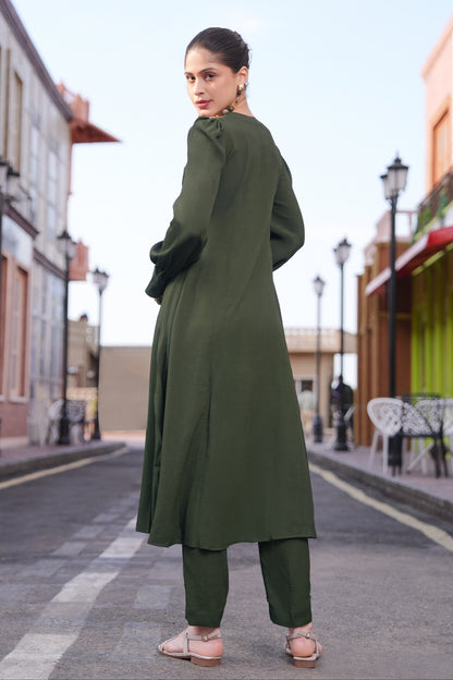 Sea Shells Kalidar Kurta Set - OLIVE