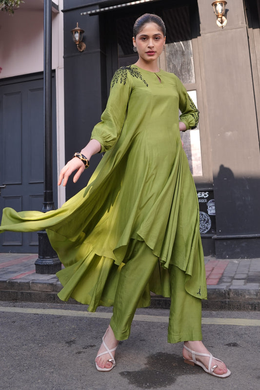 Ferns Asymmetric Kurta Set - MATCHA