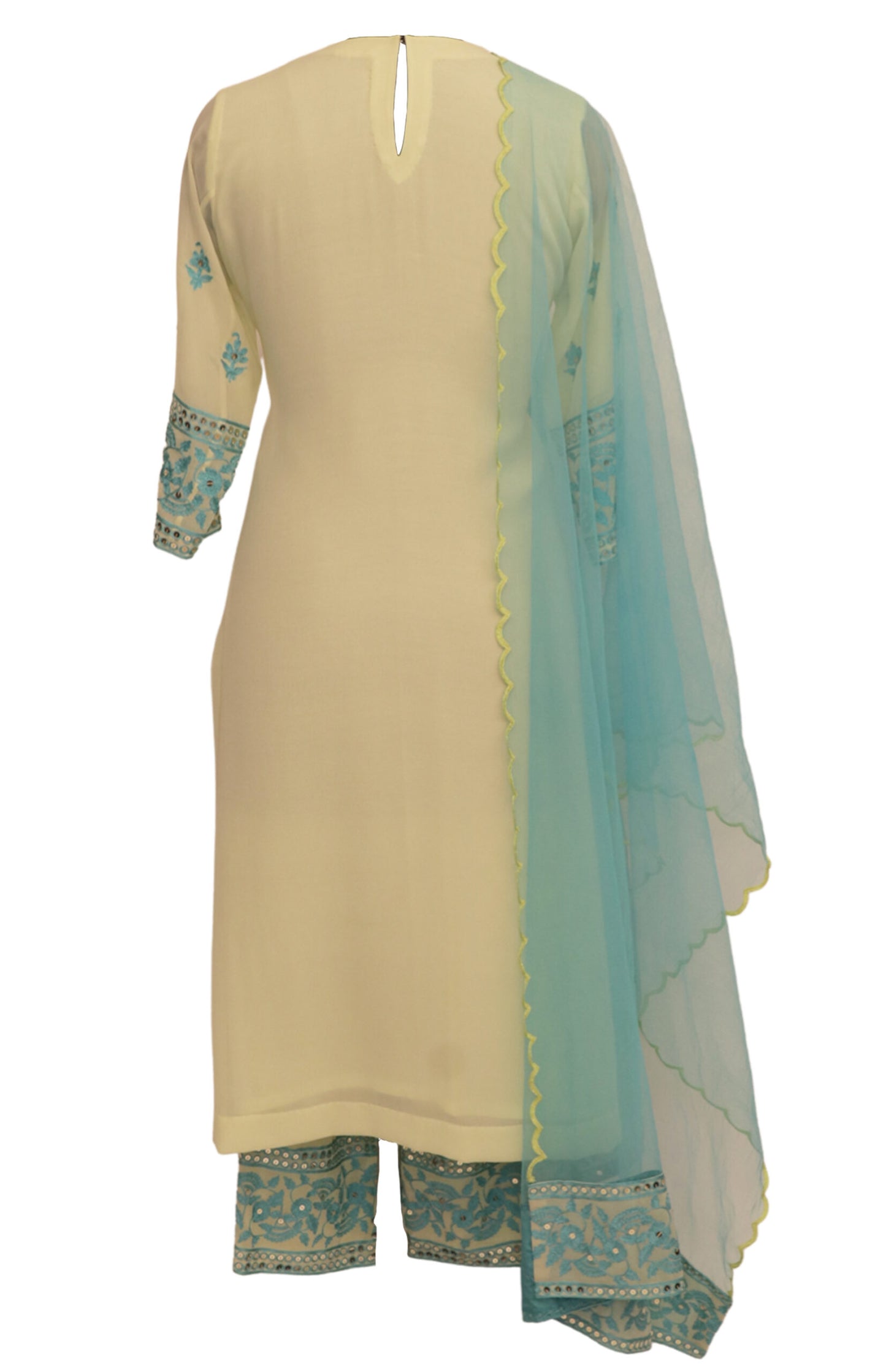 Lemon Georgette Suit With Turquoise Thread Embroidery
