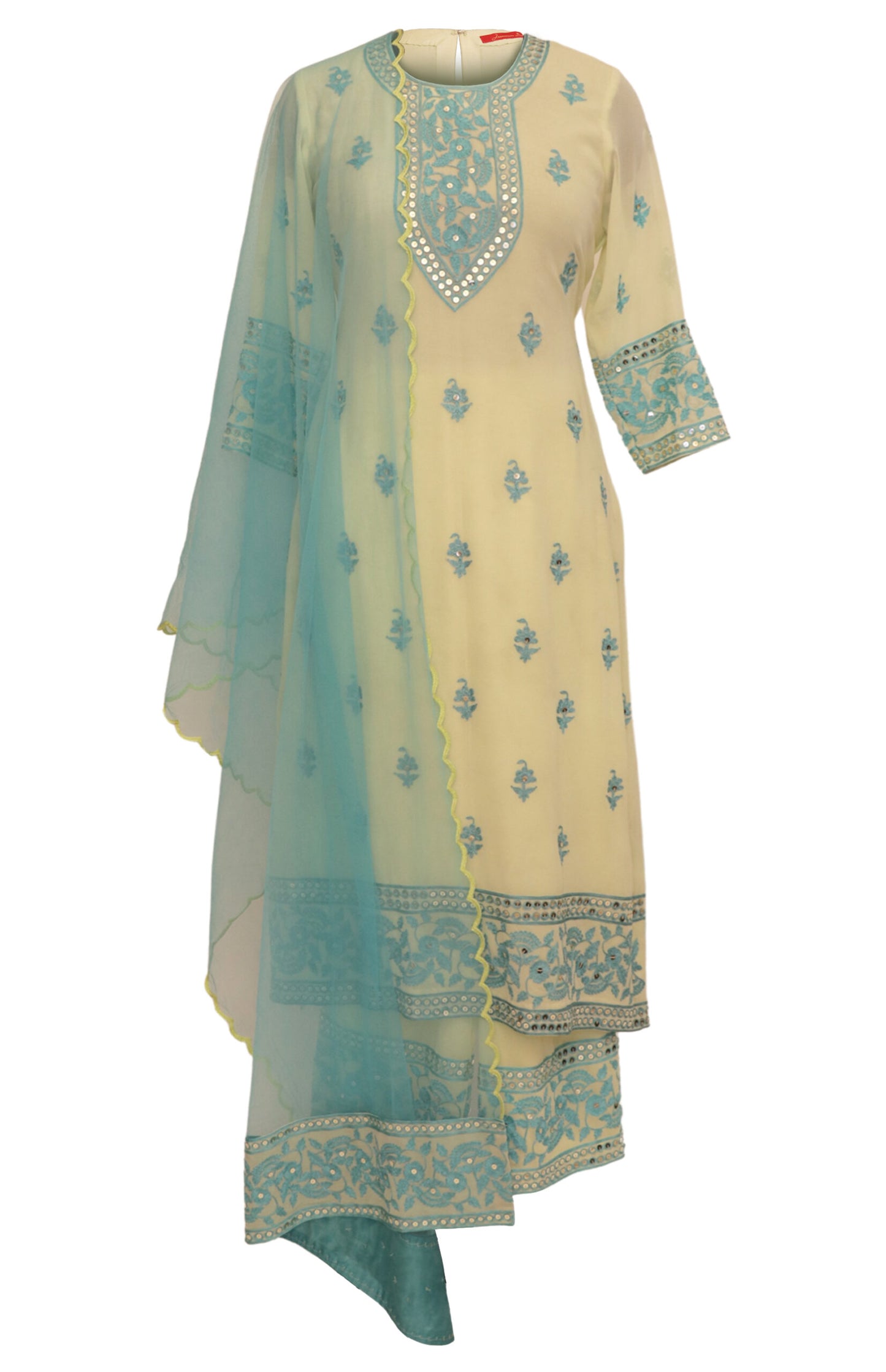 Lemon Georgette Suit With Turquoise Thread Embroidery