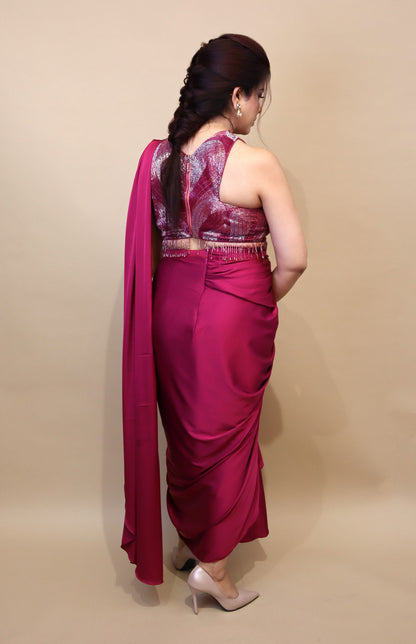 Draped Saree With Ombré Embroidery - PLUM