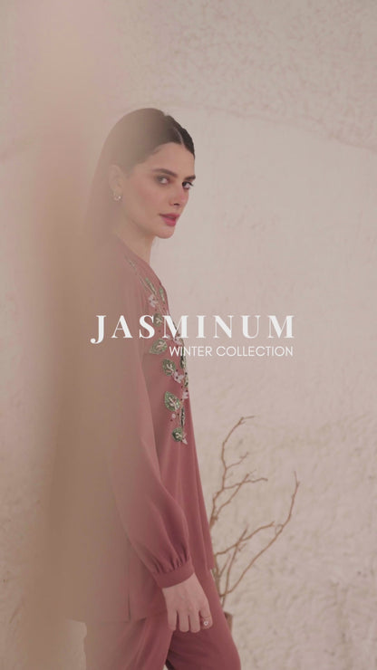 3D Leaves Embroidery Co-ord Set - DUSTY ROSE