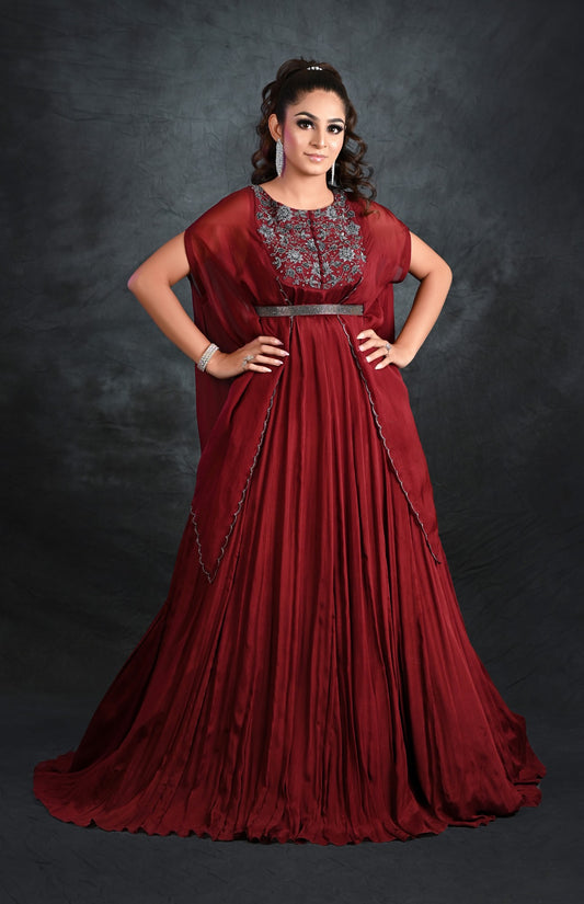 Wine Chiffon Cape Gown