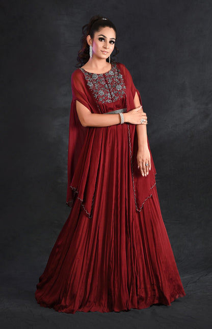 Wine Chiffon Cape Gown