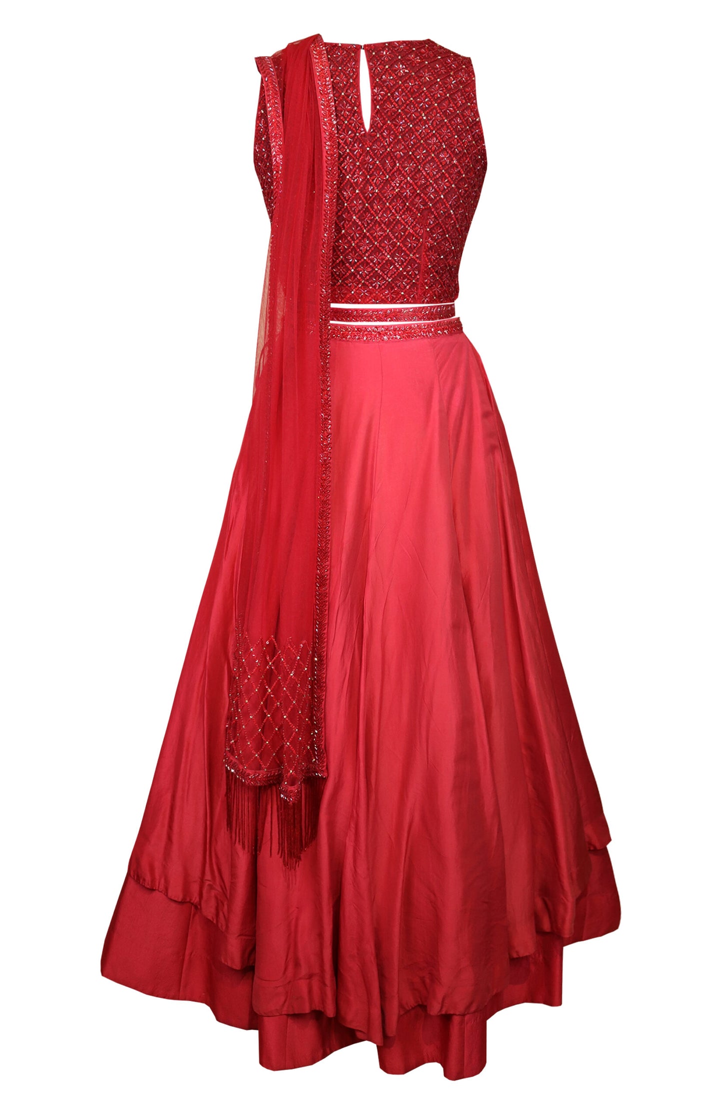 Crop Top With Layered Lehnga - RED