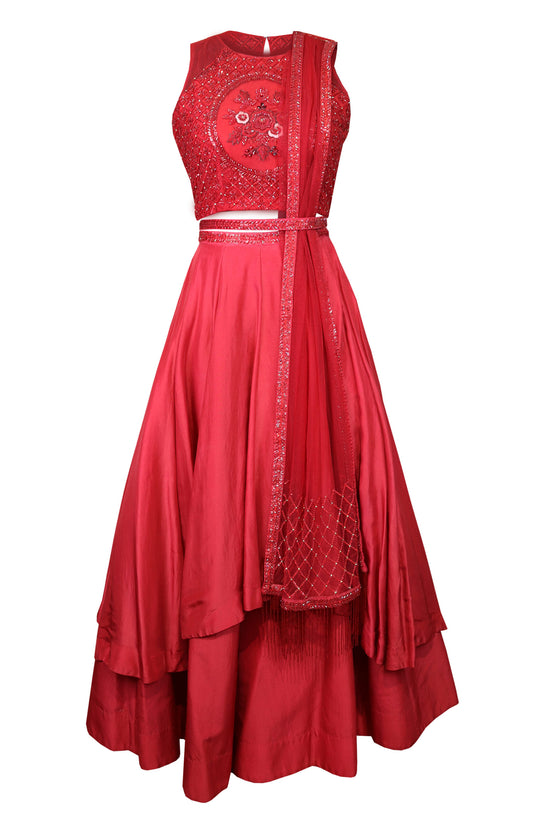 Crop Top With Layered Lehnga - RED