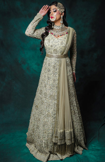 Floral TonT Embroidery Anarkali Gown - SAGE GREEN