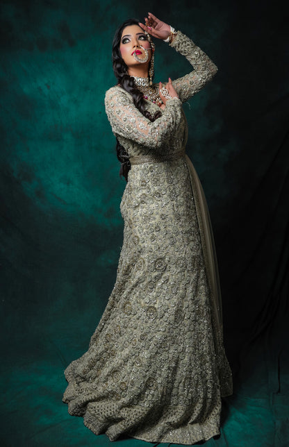 Floral TonT Embroidery Anarkali Gown - SAGE GREEN