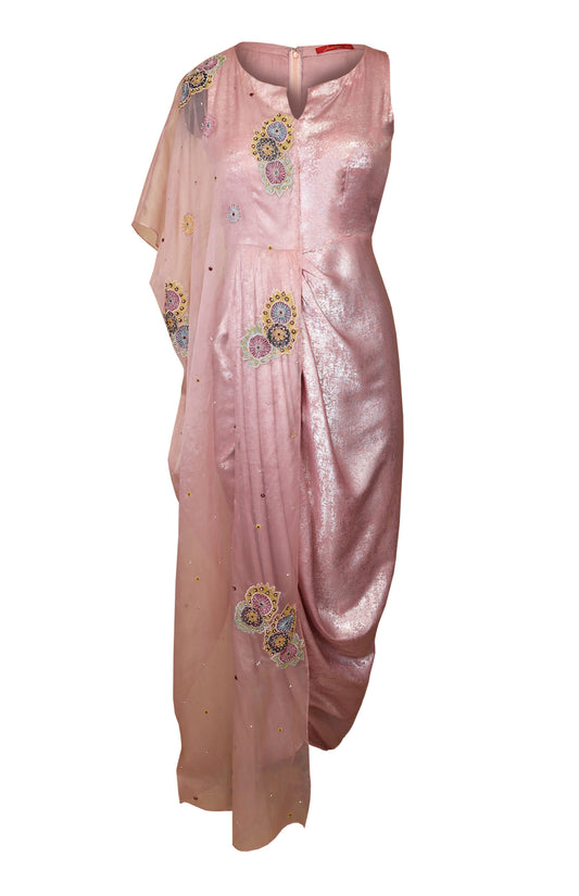 Salmon Pink Foil Half Draped Dress