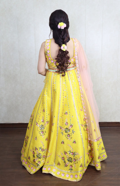 Raw Silk Chunky Embroidery Lehnga Choli - YELLOW