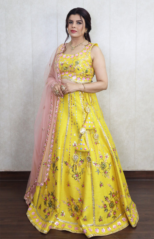Raw Silk Chunky Embroidery Lehnga Choli - YELLOW