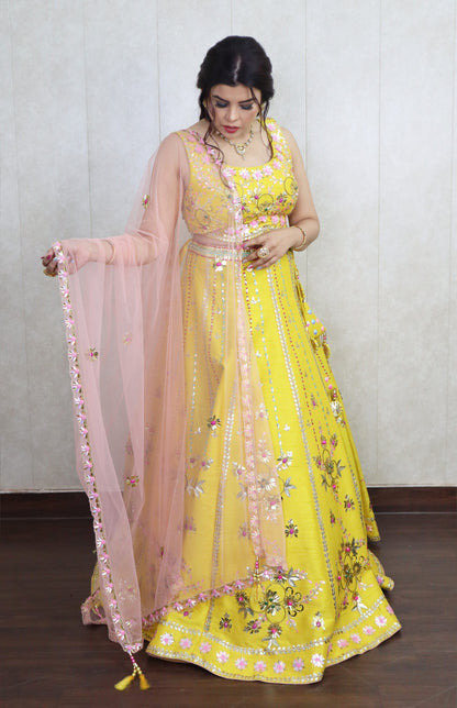 Raw Silk Chunky Embroidery Lehnga Choli - YELLOW